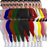 Fashion Lucky Label Round Neck Long Sleeves Mini Top With Trousers Two Piece Set HY5182