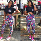 Women Suits Short Sleeves T-Shirt Printing Tight Pants LS6273