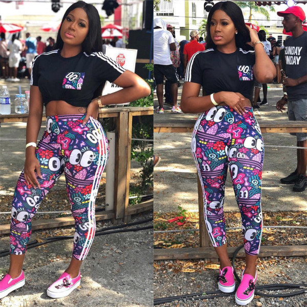 Women Suits Short Sleeves T-Shirt Printing Tight Pants LS6273