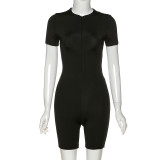 Sexy Solid Color Zipper V-Neck Short Sleeves Bodycon Jumpsuit P1736930