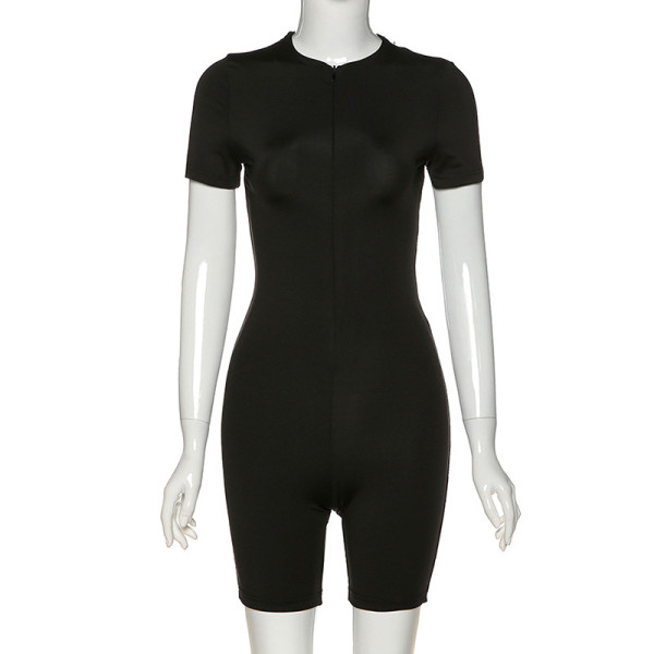 Sexy Solid Color Zipper V-Neck Short Sleeves Bodycon Jumpsuit P1736930