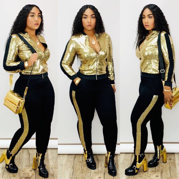 Street Style Female Two-Piece Plus Size Sequined Outfits QQ5148