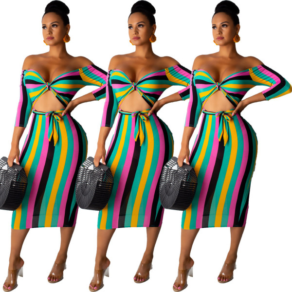 Colorful Slim Striped Half Sleeves Strapless Midi Dress RB3008
