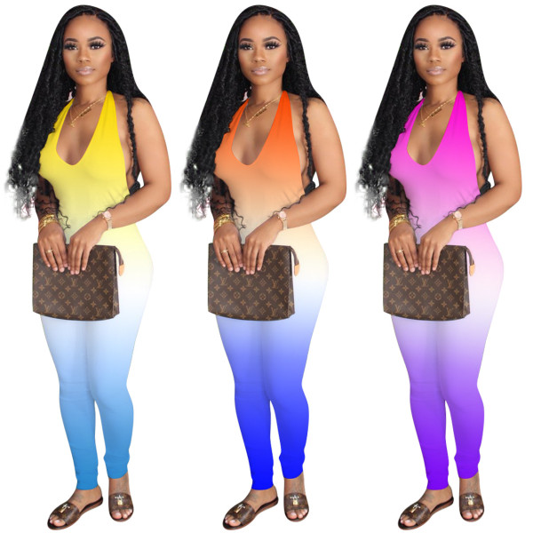 Sexy Suspenders V-Neck Backless Gradient Color Jumpsuit YD8241