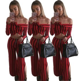 Newest Stripe Long Sleeves Top Zipper Split Wide Leg Trousers YS200