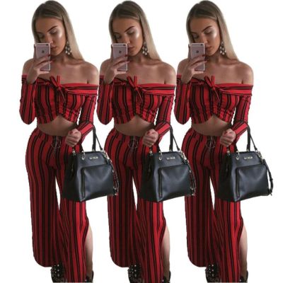 Newest Stripe Long Sleeves Top Zipper Split Wide Leg Trousers YS200