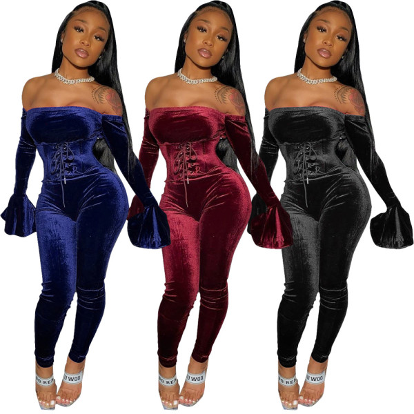 Pleuche Tight Outfits Off Shoulder Bandage Top Ladies Solid Pants ZH5158