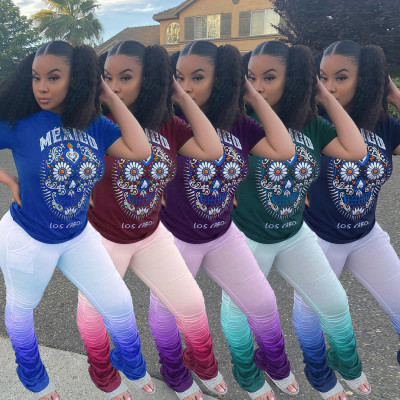 Casual Pattern Letter Printed Round Neck T-Shirt With Gradient Color Pleated Trousers Two Pieces Set