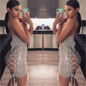 Bandage splicing metal mesh drill sexy skirt nightclub costume YX1028
