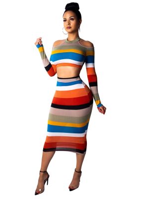 Sexy Women Colorful Stripe Bodycon Skirt Suits WMZ2384
