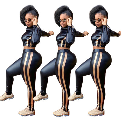 New Arrival Stretchy Bodycon PU Leather Track Suits SMD5808