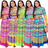 Online Sale Long Sleeves Pleated Printing Maxi Dress YF1018