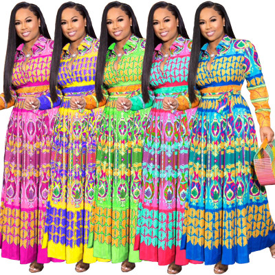 Online Sale Long Sleeves Pleated Printing Maxi Dress YF1018