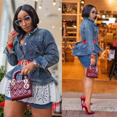 Fashionable Long Sleeved Denim Ruffle Bodycon Coat For Women SMR9535