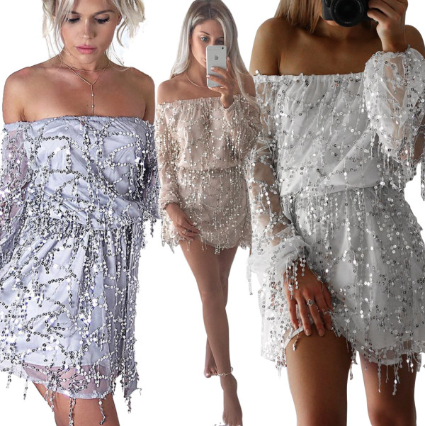 Off Shoulder Sequined Long Sleeves Mini Dress QZ4034