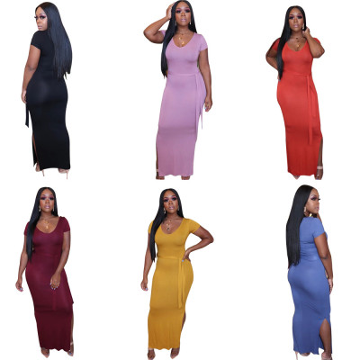 Solid Color Round Neck Short Sleeve Slit Split Ladies Dress KZ789