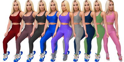 Plus size skinny U-neck mesh sexy umbilical vest sports suit ME2861