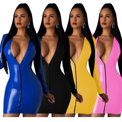 Hot Sale Pure Color Bodycon Pu Leather Deep V Collar Dress TRS916