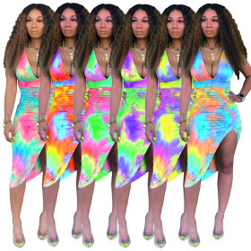 Multicolor Lady Irregular V Neck Bandage Pleated Dress SMR9280