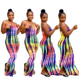 Sexy Digital Printed Strapless Split Bodycon Long Dress LL6296