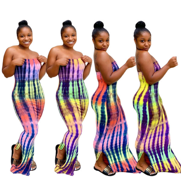 Sexy Digital Printed Strapless Split Bodycon Long Dress LL6296