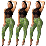 Sleeveless Mesh Perspective Top Snake Printing Tight Pants YY5086
