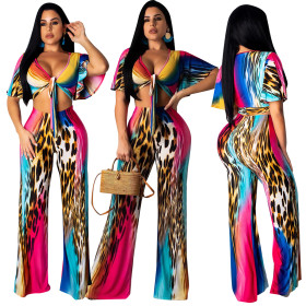 Hot Sell Leopard Print Patchwork 2 Pieces Women Outfits ALS094
