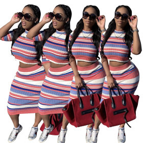 Fashion Striped Round Neck Short Sleeves Crop Top With Midi Skirt Two Piece Set Q1022