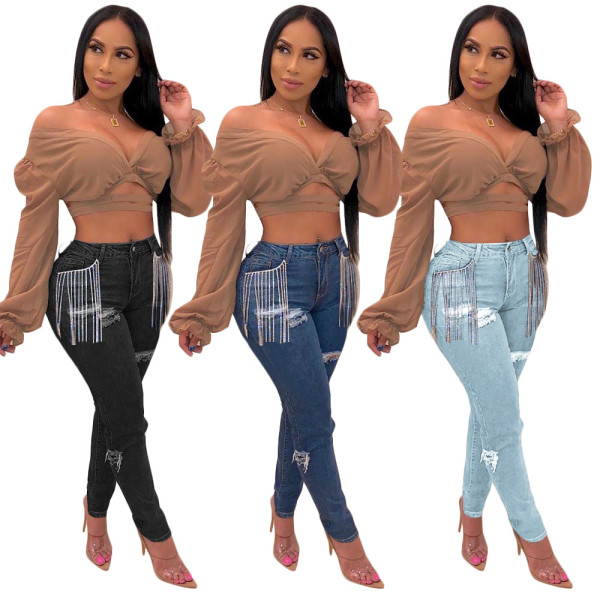 Street Style Tassel Fringe Slinky Pants Female Ripped Jeans SN3694