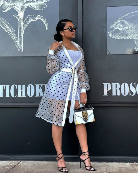 White Trendy Polka Dot Coat Long Sleeves Button Midi Dress ZS0229