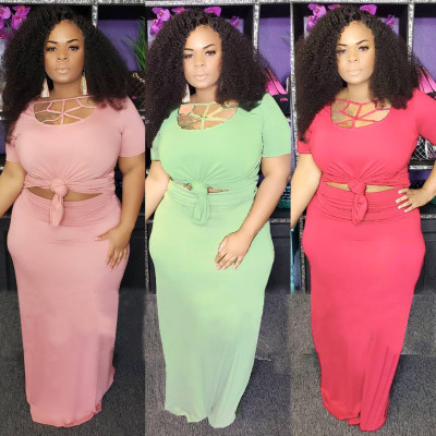 Hollow Out Short Sleeves Top Solid Color Long Skirt YF1024