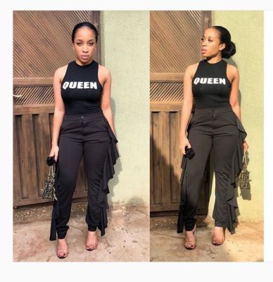 Leisure Ruffle Black Tight Leggings For Daily Wear N9055