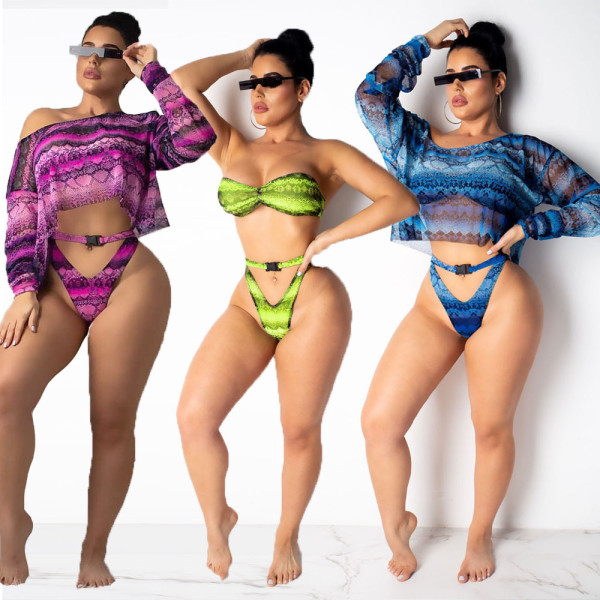 Hot Sale Women Sexy Snake Print 3 Pieces Swimsuits BN9161