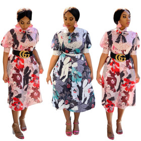 Elegant Comfy Floral Print Short Sleeves Midi Dress L0269