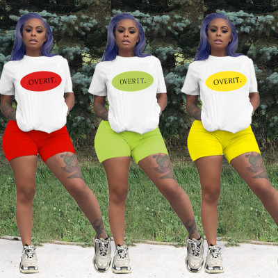 Fashionable casual letter color matching loose short sleeve shorts sports two-piece suit SM9084