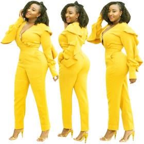Fashion Ruffle Sleeves V Neck Sexy Women Yellow Jumpsuits F8157