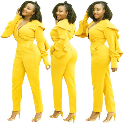 Fashion Ruffle Sleeves V Neck Sexy Women Yellow Jumpsuits F8157