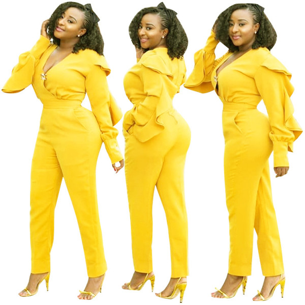 Fashion Ruffle Sleeves V Neck Sexy Women Yellow Jumpsuits F8157