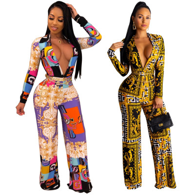 Women Deep V Collar Digital Printing Mid Waist Jumpsuit SMR9373