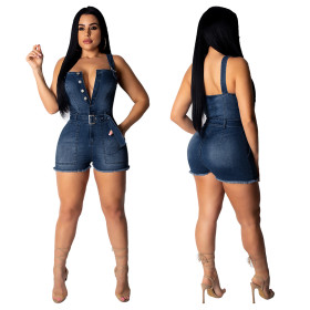 Jeans Women Button Down Strappy Short Jumpsuit JLX5018