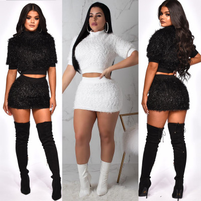 Solid Sexy Two Pieces Mini Skirts Sets QZ6057