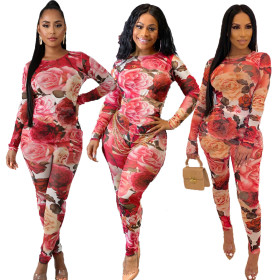 Hot Sale Mature Women Flower Printed Bodycon Jumpsuit ED8140