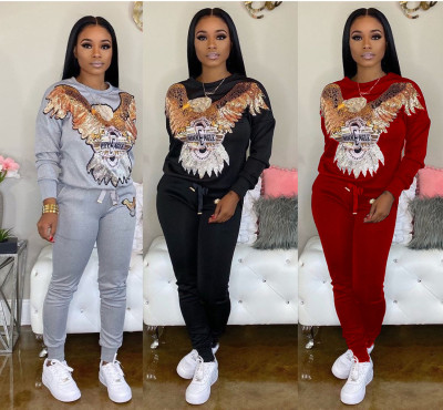 Animal Pattern Hoodie Pencil Pants Sequin Splicing Hot Outfits HHM6179