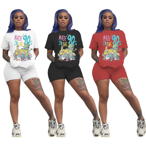 Fashion casual solid color cartoon printed short sleeve shorts two piece set SDD9229