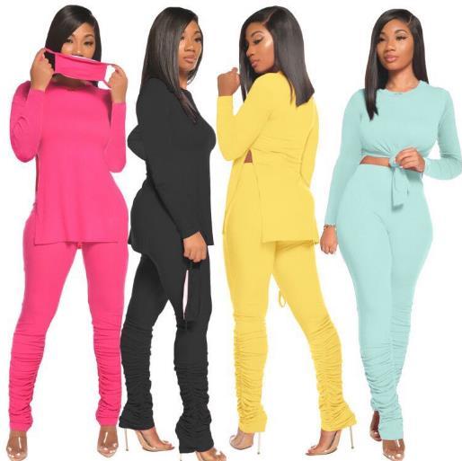 Fashion piled sleeves solid color long-sleeved pleated pants suit (without mask) QQ5206