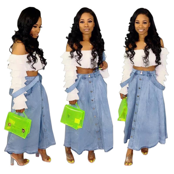 Casual Denim Strappy Long Skirts For Daily Wear SMR2021