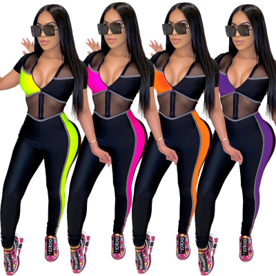 Color block mesh sexy slim-fit jumpsuit QZ4213