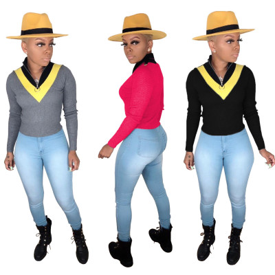 Cheap Ribber Colors Patchwork Slim Bodycon Women Top WY6608