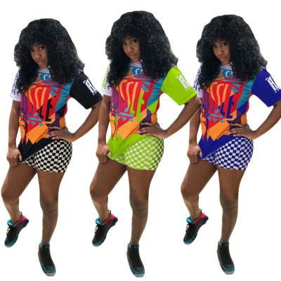 Street Style Ladies Outfits Printing T-Shirt Checks Shorts BLX7321