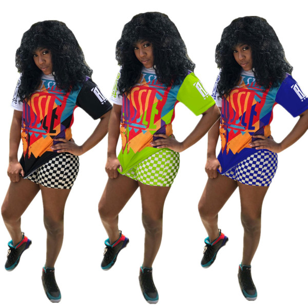 Street Style Ladies Outfits Printing T-Shirt Checks Shorts BLX7321
